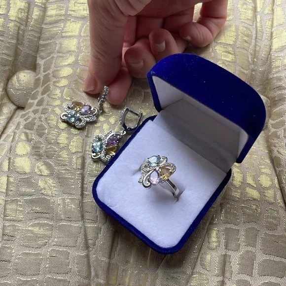 NEW Amethyst, yellow quartz and aquamarine sterling 925 duo ring and earrings. - Picture 5 of 8